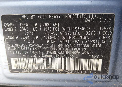 2012 Subaru Outback 2.5I Premium from USA, damaged, VIN 4S4BRBCC1C3245355